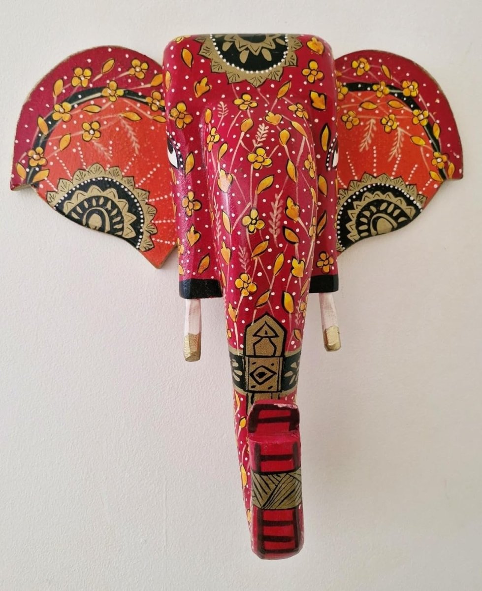 Hand - Painted Blue Elephant Head Wall Art Mango Wood Sculpture Decor - Kwikley
