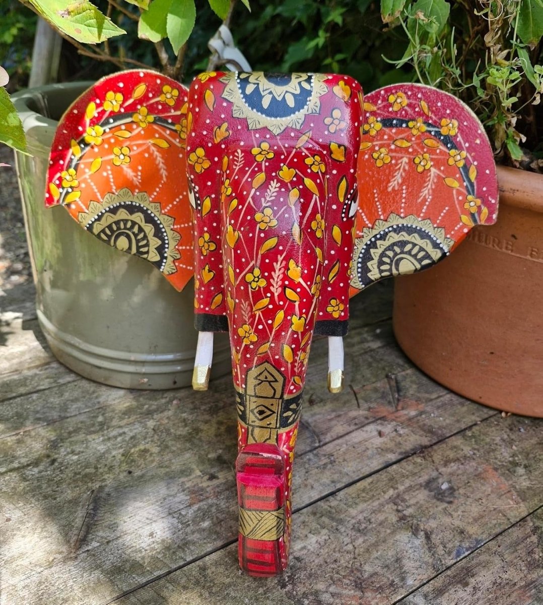 Hand - Painted Blue Elephant Head Wall Art Mango Wood Sculpture Decor - Kwikley