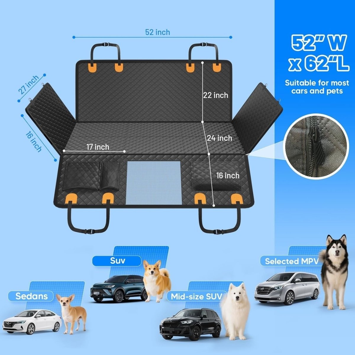 Hard Bottom Dog Car Seat Cover Hammock Waterproof Back Seat Extender - Kwikley