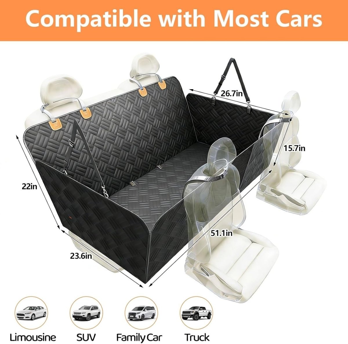 Hard Bottom Dog Car Seat Extender Waterproof Hammock Supports 330lb - Kwikley