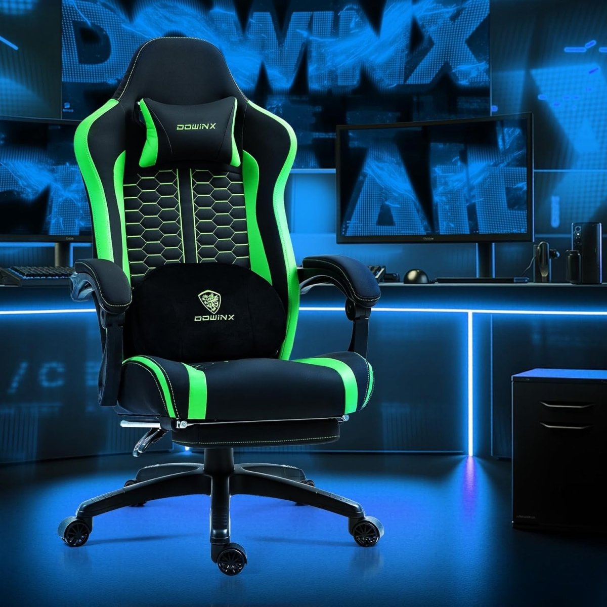 Heated Massage Gaming Chair Recliner with Footrest 150kg Green - Kwikley