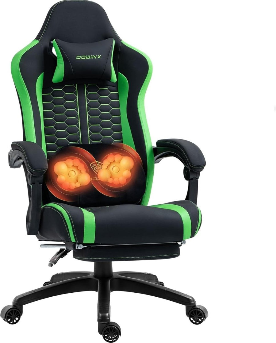 Heated Massage Gaming Chair Recliner with Footrest 150kg Green - Kwikley