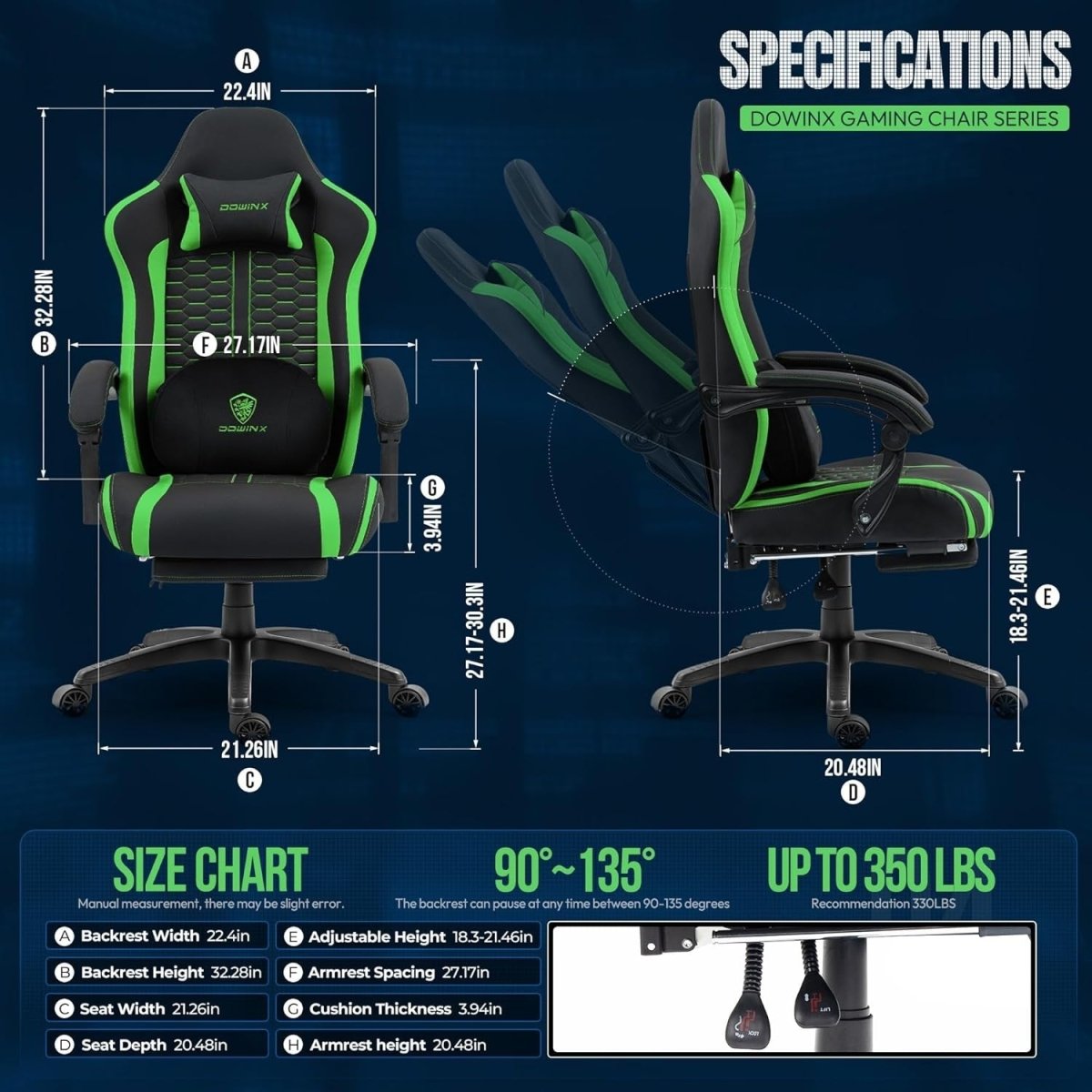 Heated Massage Gaming Chair Recliner with Footrest 150kg Green - Kwikley