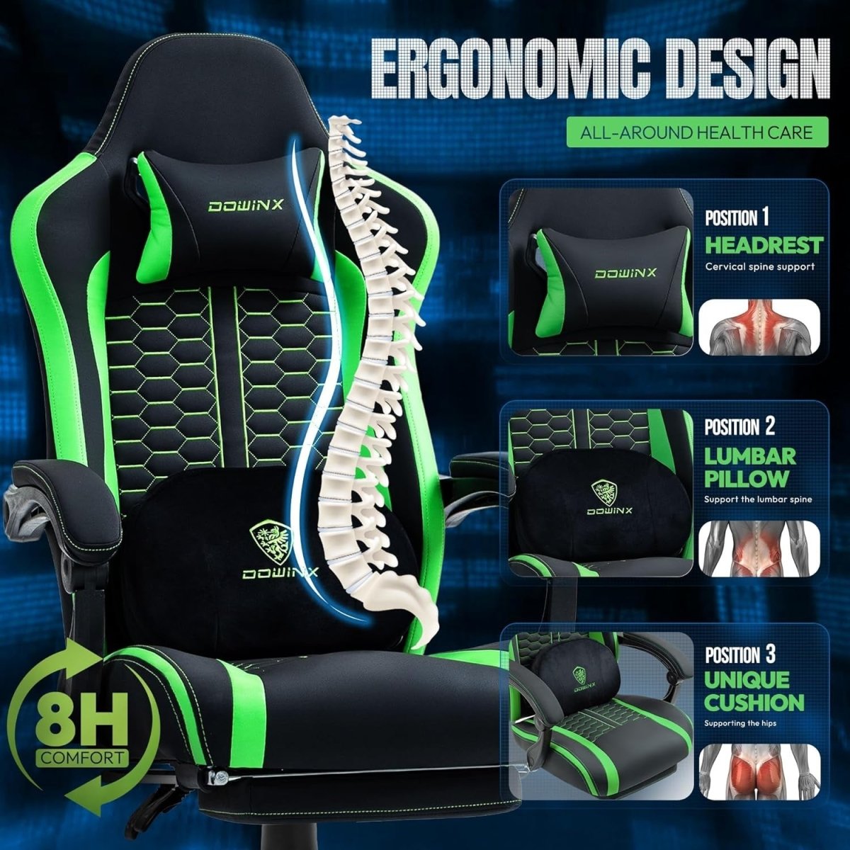 Heated Massage Gaming Chair Recliner with Footrest 150kg Green - Kwikley