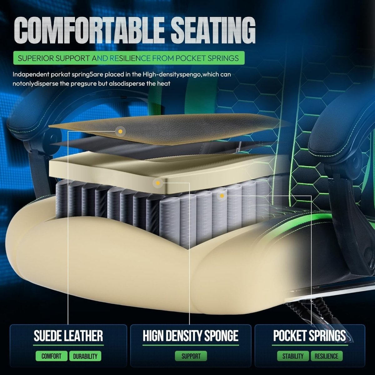 Heated Massage Gaming Chair Recliner with Footrest 150kg Green - Kwikley