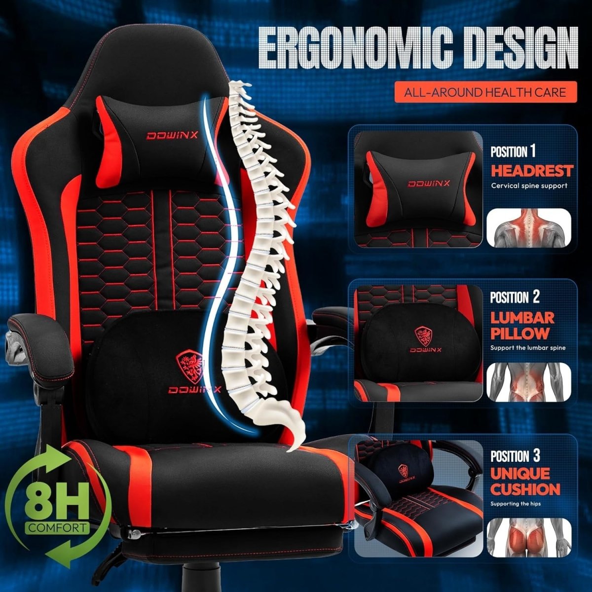 Heated Massage Gaming Chair Recliner with Footrest 150kg Red - Kwikley