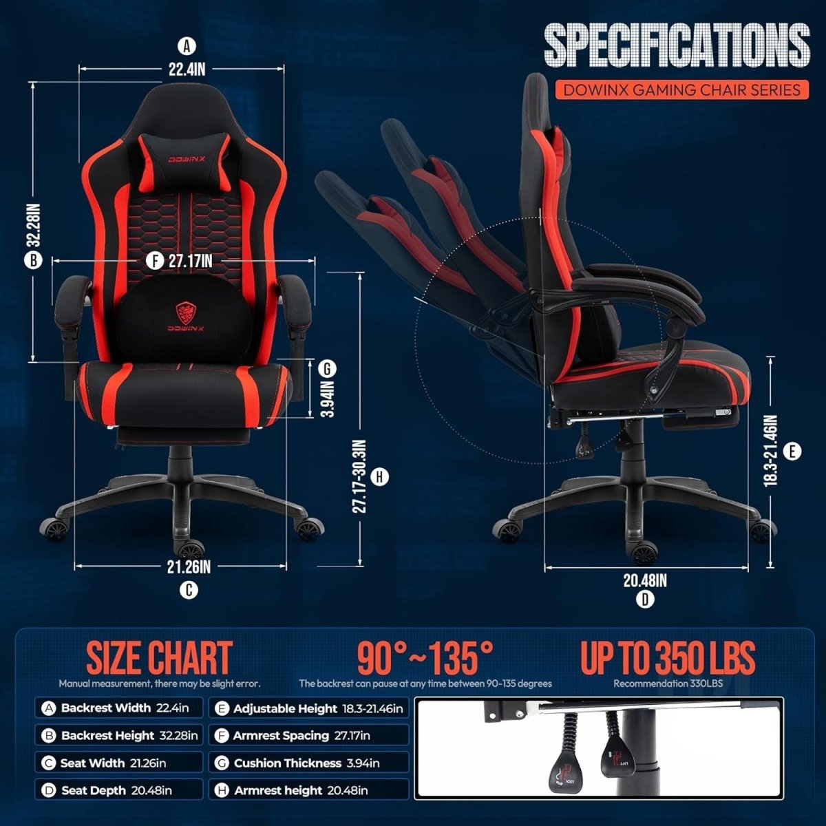 Heated Massage Gaming Chair Recliner with Footrest 150kg Red - Kwikley