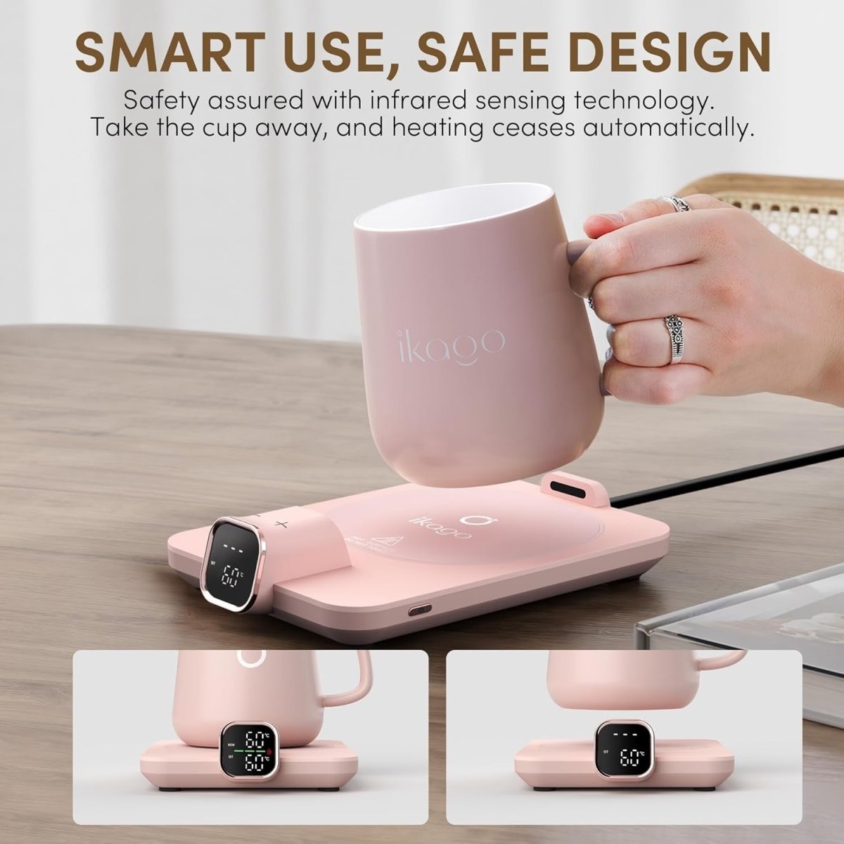 Heated Smart Coffee Mug Warmer – Pink Ceramic, Touch Control & LED Display - Kwikley