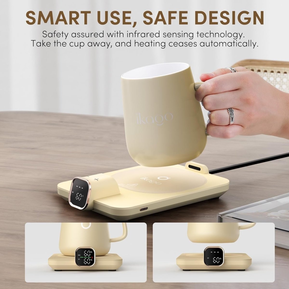 Heated Smart Coffee & Tea Mug Warmer – Beige Ceramic, Touch Control - Kwikley