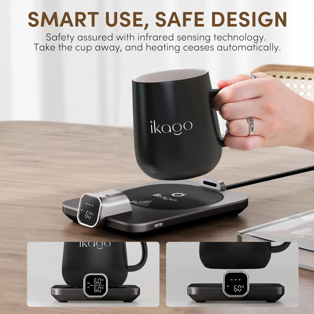 Heated Smart Coffee & Tea Mug Warmer – Black Ceramic, Touch LED - Kwikley