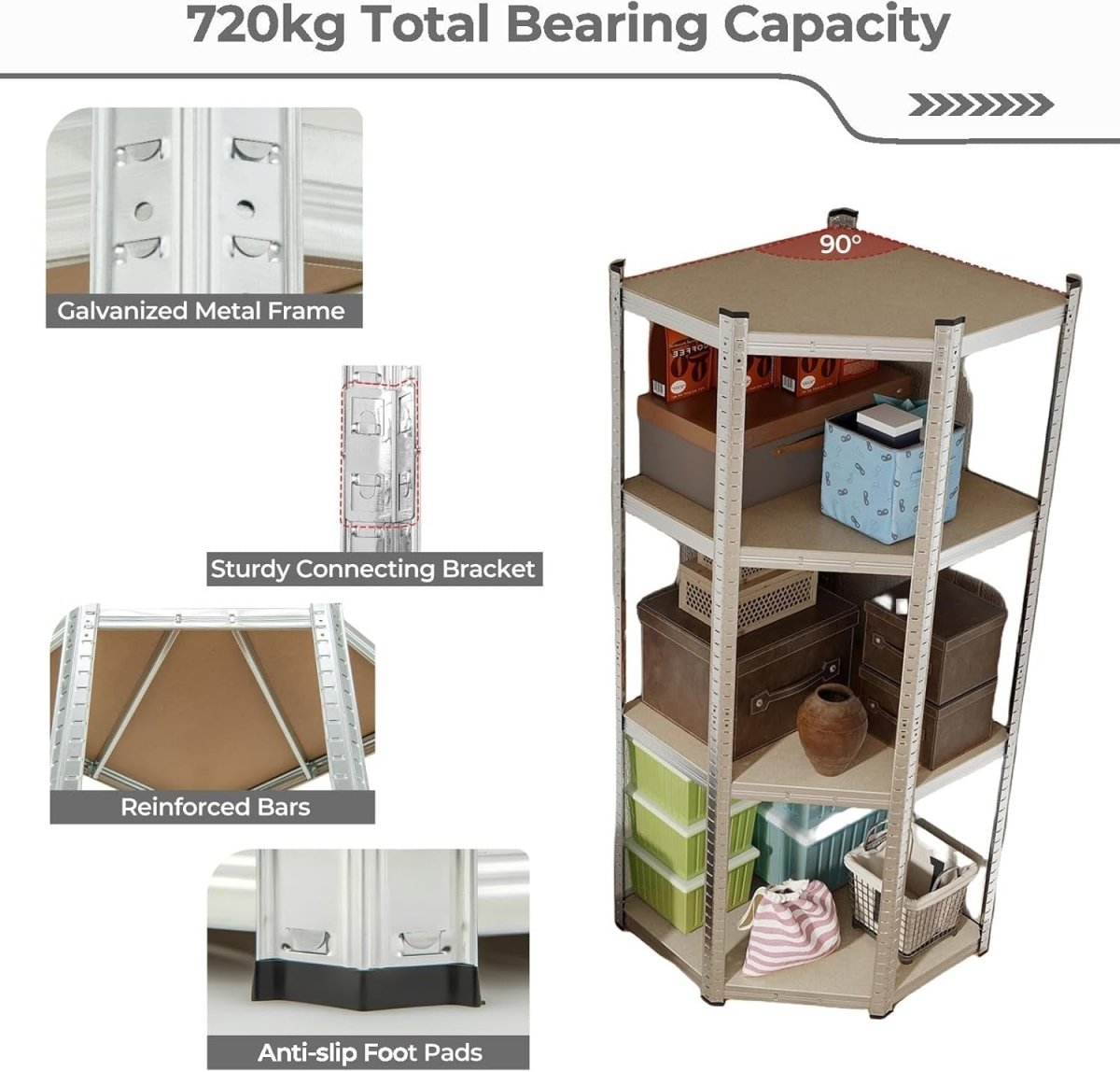 Heavy Duty 4 - Tier Metal Corner Shelving Rack, Adjustable Garage Storage Unit - Kwikley