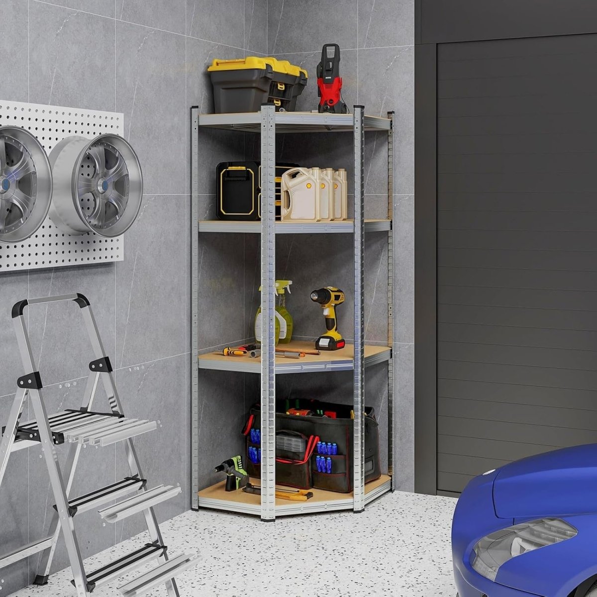 Heavy Duty 4 - Tier Metal Corner Shelving Rack, Adjustable Garage Storage Unit - Kwikley