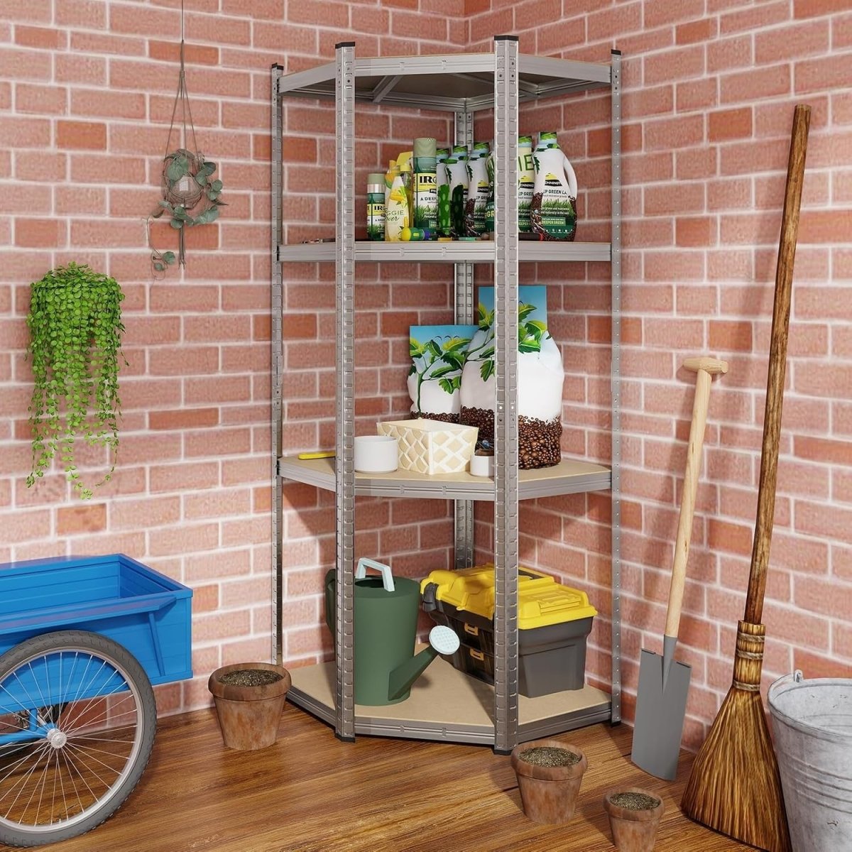 Heavy Duty 4 - Tier Metal Corner Shelving Rack, Adjustable Garage Storage Unit - Kwikley