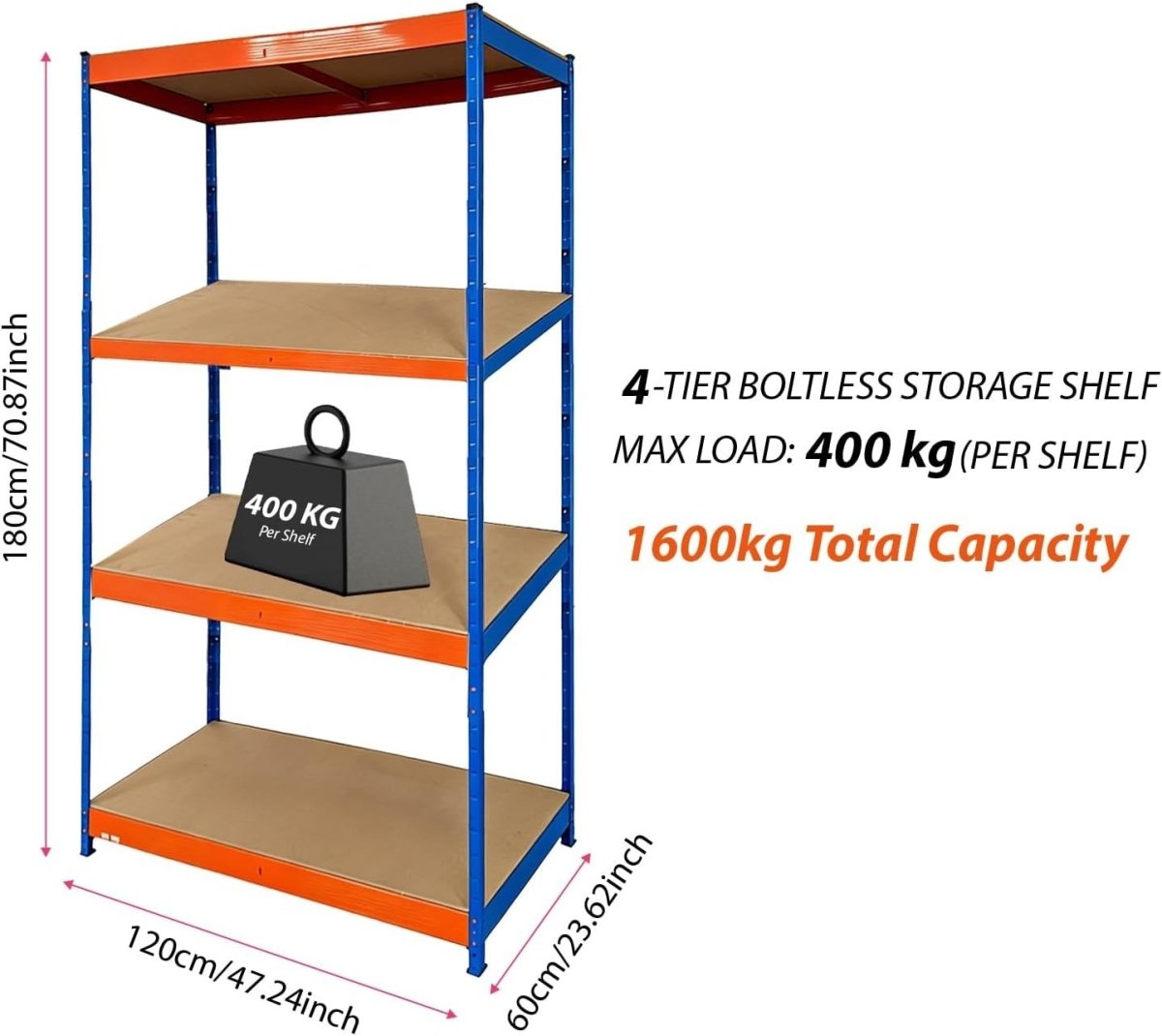 Heavy Duty 4 - Tier Metal Garage Storage Shelf 120x60x180cm Adjustable - Kwikley