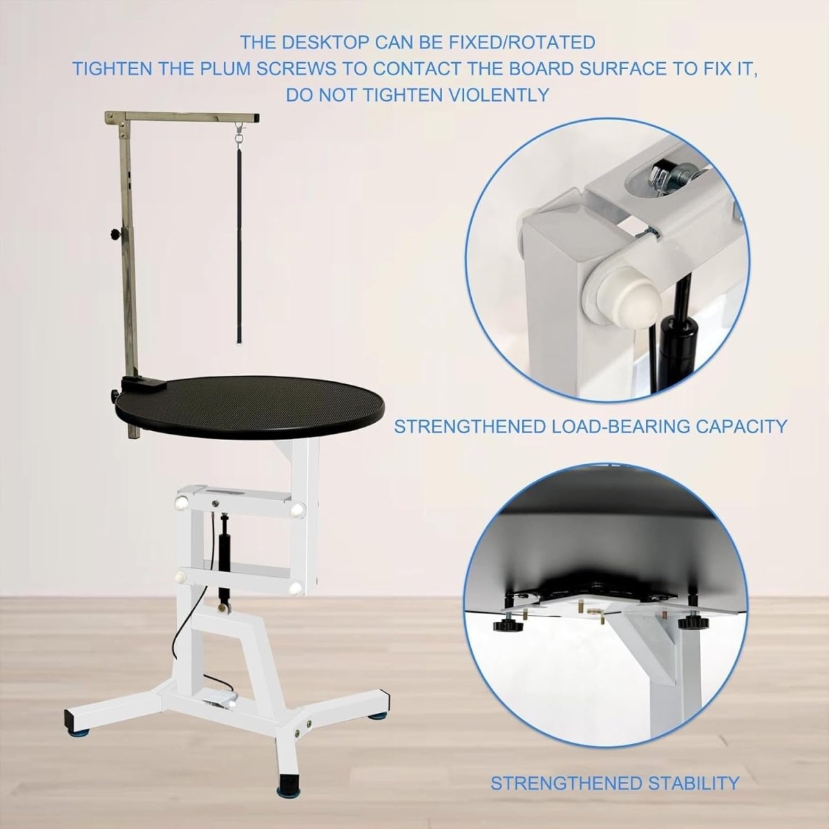 Heavy Duty Dog Grooming Table Height Adjustable Round 70cm White Non Slip - Kwikley