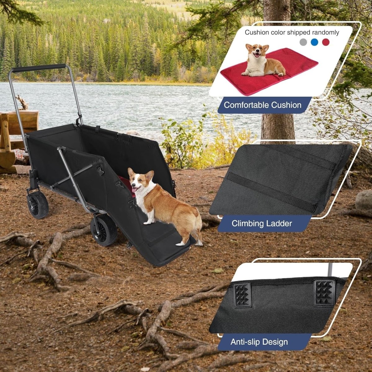 Heavy Duty Folding Dog Wagon Cart 134L Large Pet Trolley Black - Kwikley