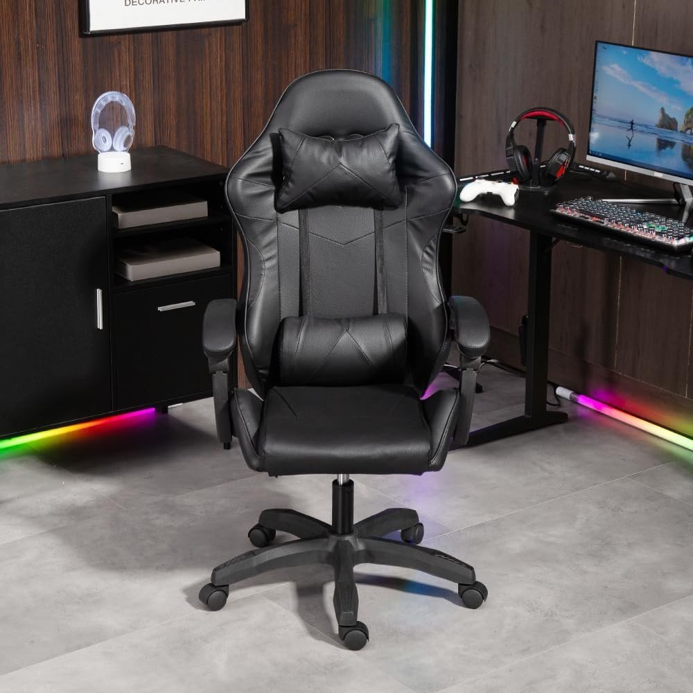 Heavy Duty Gaming Chair Black PU Leather Reclining Swivel - Kwikley