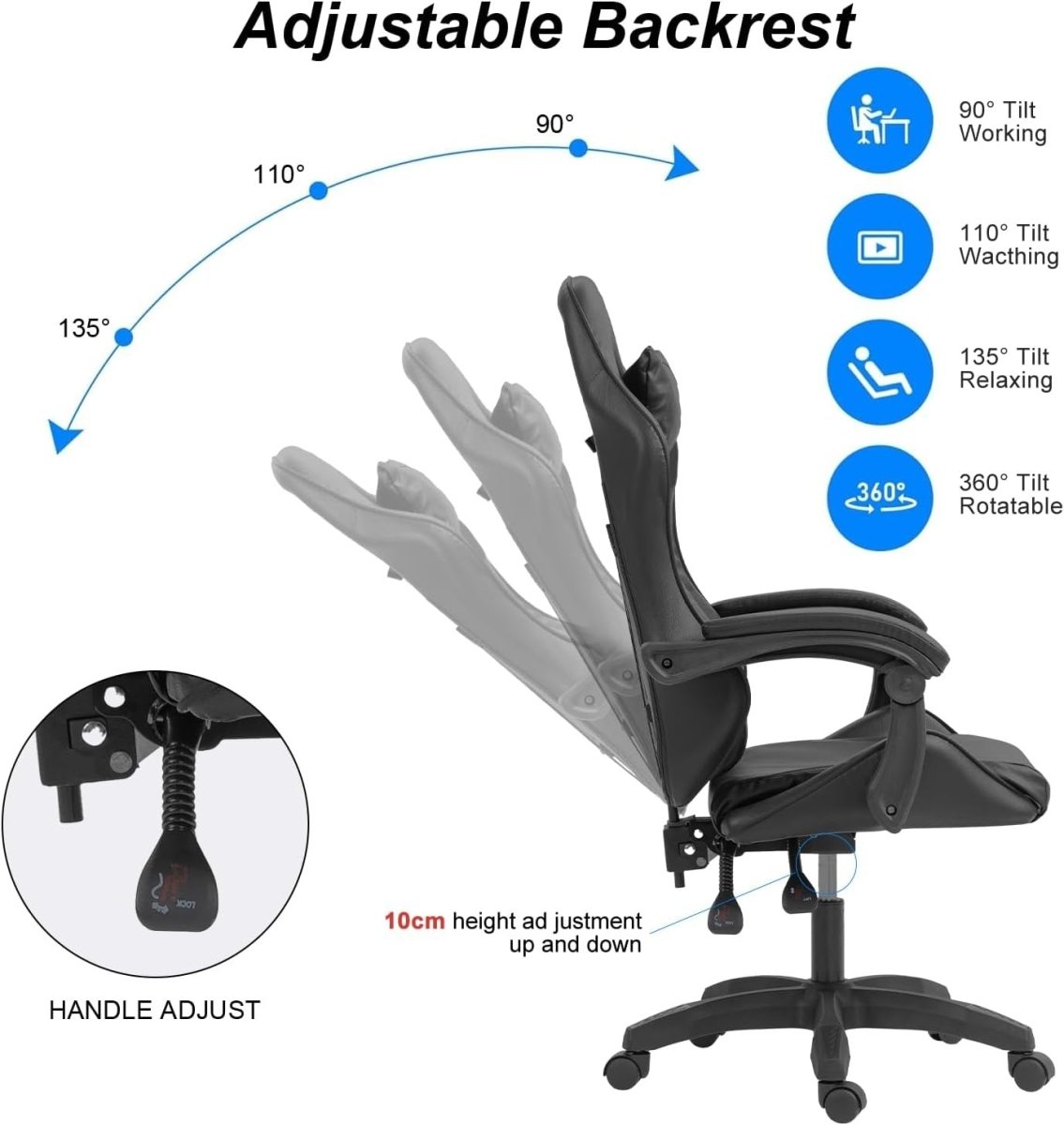Heavy Duty Gaming Chair Black PU Leather Reclining Swivel - Kwikley