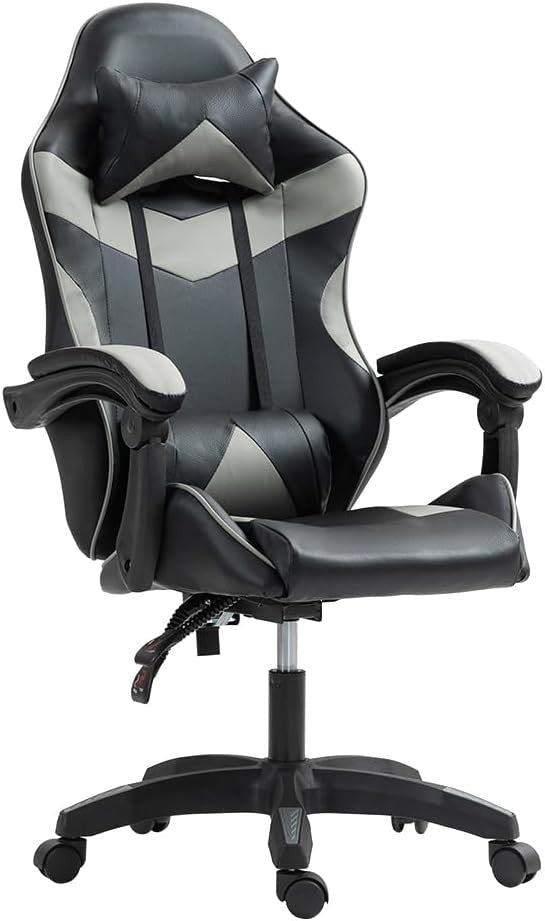 Heavy Duty Gaming Chair Grey PU Leather Reclining Swivel - Kwikley