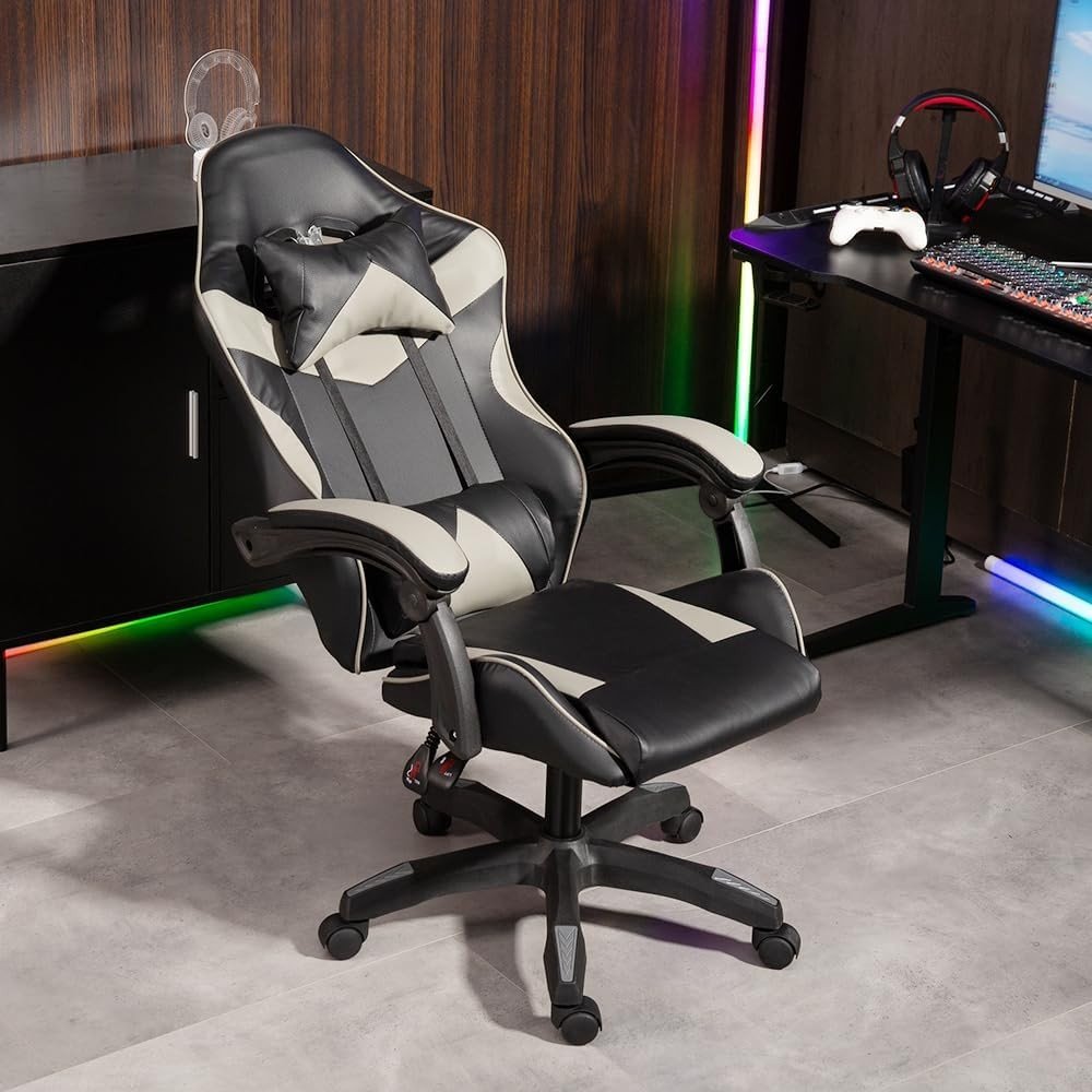 Heavy Duty Gaming Chair Grey PU Leather Reclining Swivel - Kwikley