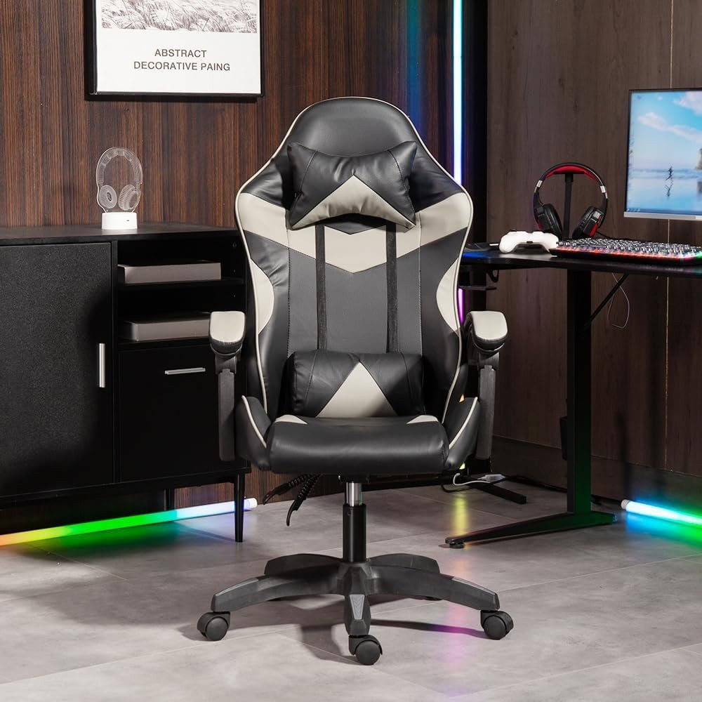 Heavy Duty Gaming Chair Grey PU Leather Reclining Swivel - Kwikley