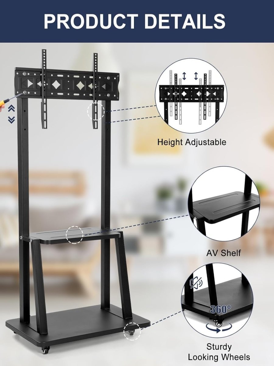 Heavy Duty Mobile TV Stand with Wheels for 32-75" Screens | Swivel & Shelf - Kwikley