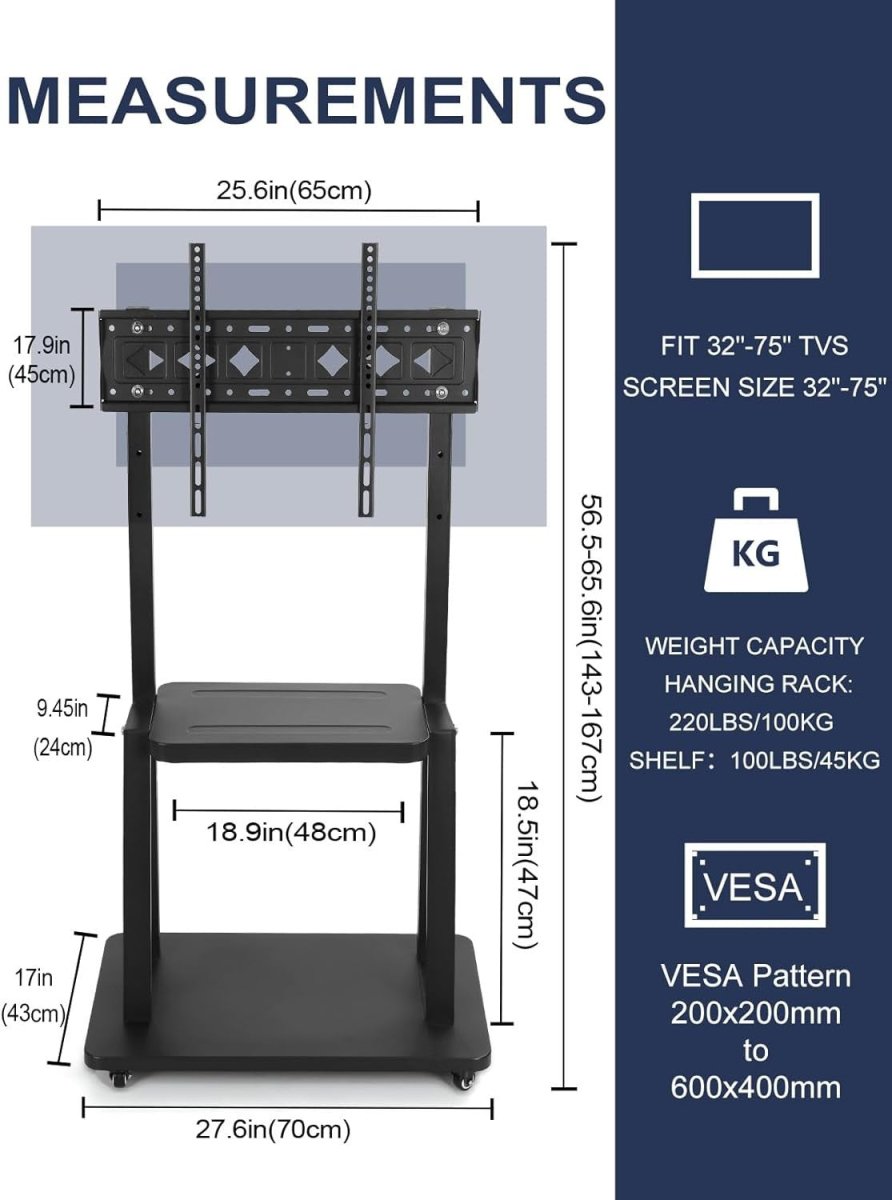 Heavy Duty Mobile TV Stand with Wheels for 32-75" Screens | Swivel & Shelf - Kwikley