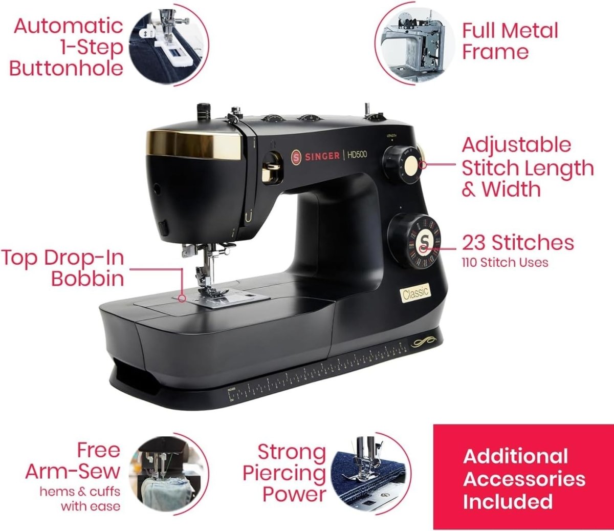 Heavy Duty Sewing Machine 23 Stitches Hard Case Metal Frame Black - Kwikley
