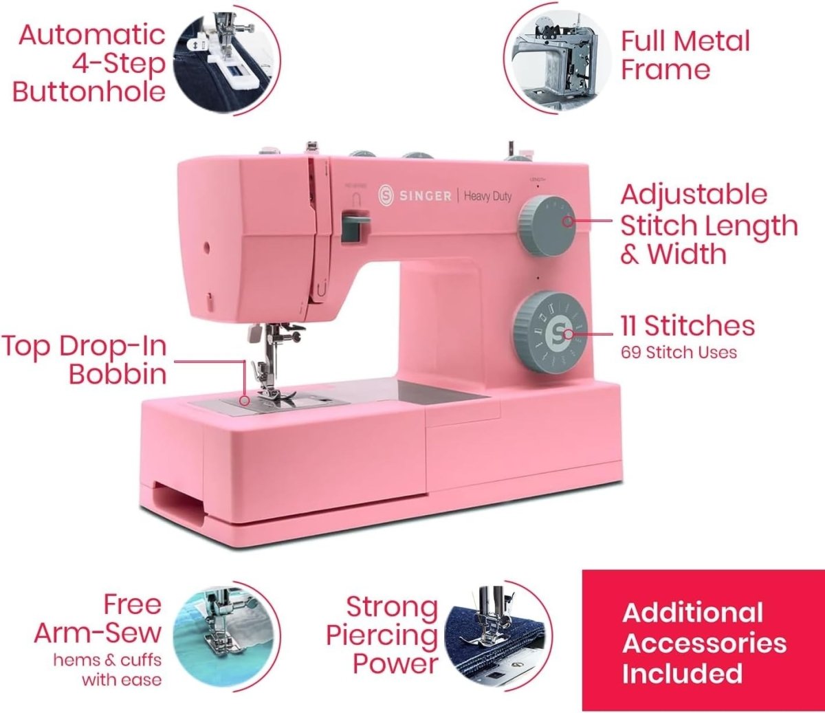 Heavy Duty Sewing Machine 69 Stitch Apps 1100 SPM Pink Edition - Kwikley