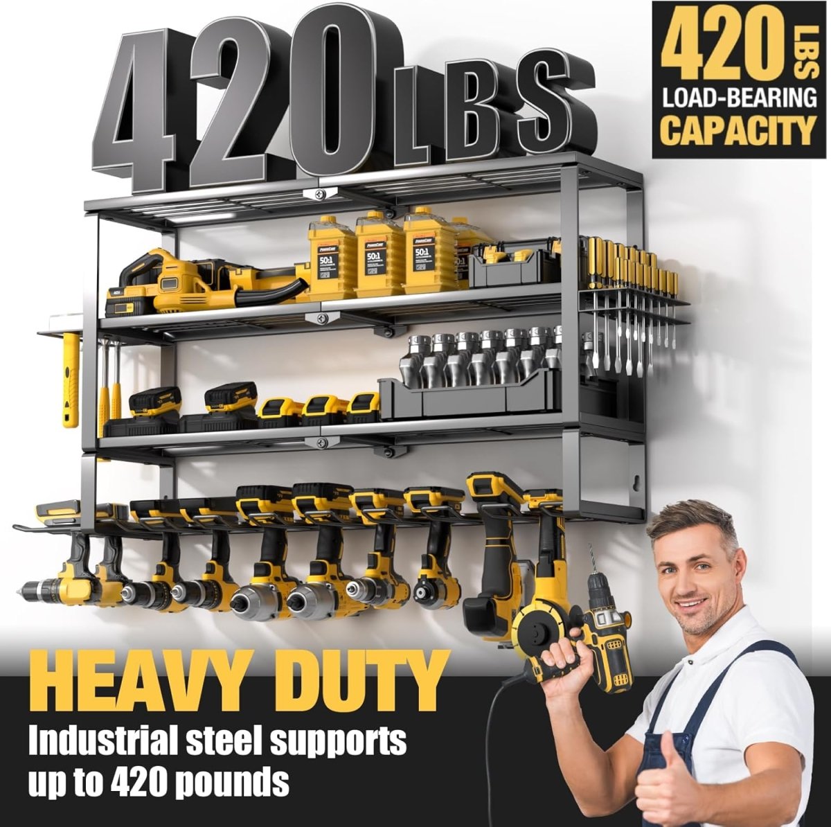 Heavy Duty Wall Tool Rack 4 Tier Storage with 10 Drill Slots - Kwikley