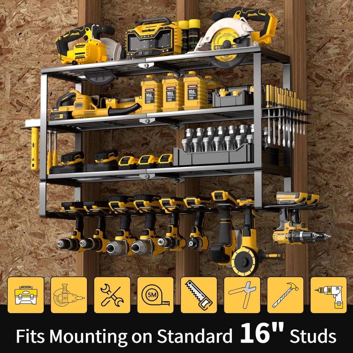 Heavy Duty Wall Tool Rack 4 Tier Storage with 10 Drill Slots - Kwikley
