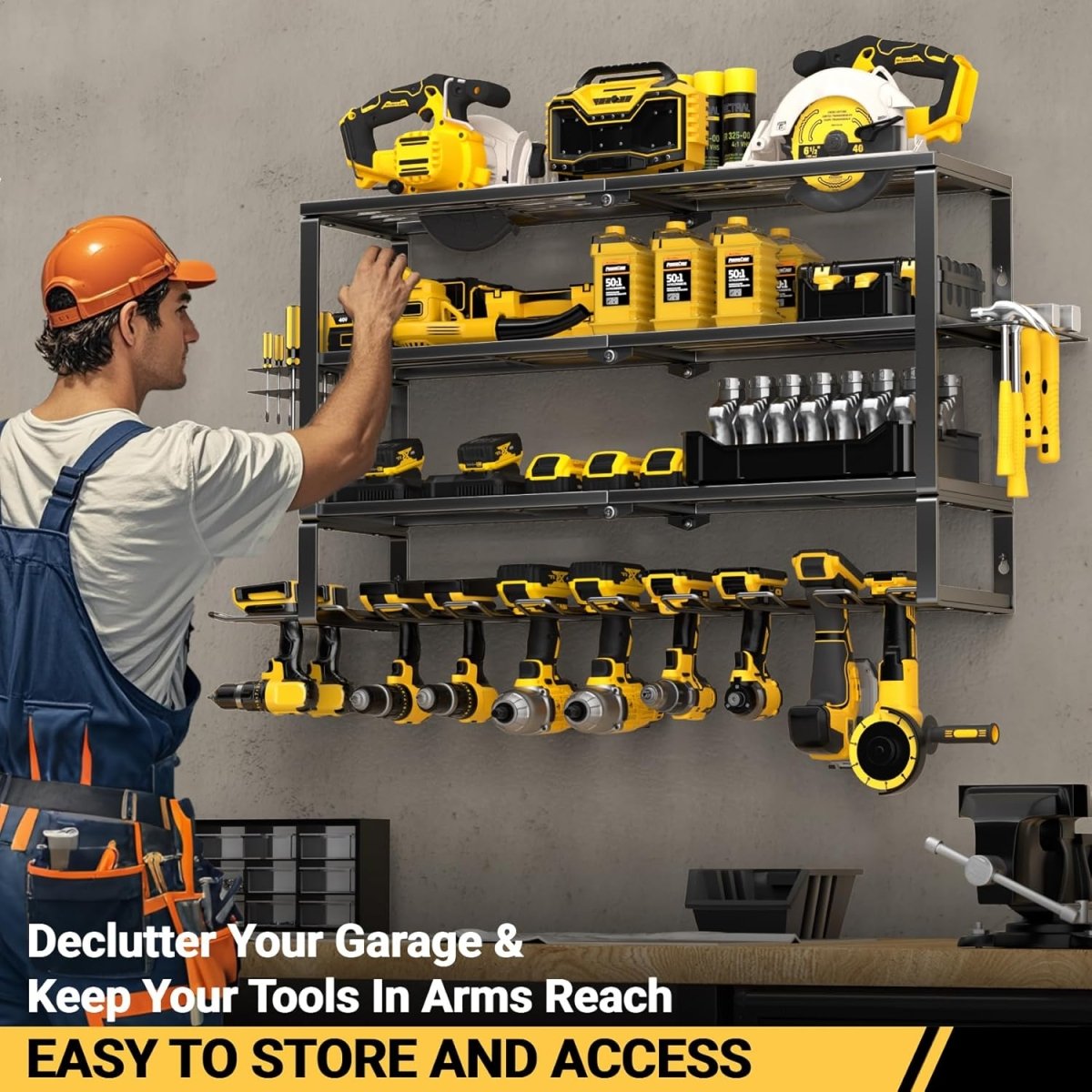 Heavy Duty Wall Tool Rack 4 Tier Storage with 10 Drill Slots - Kwikley