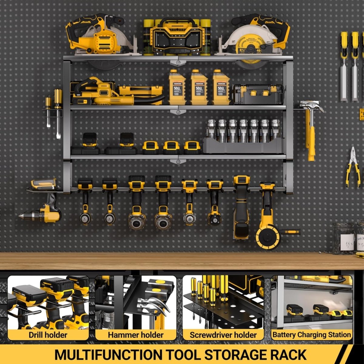 Heavy Duty Wall Tool Rack 4 Tier Storage with 10 Drill Slots - Kwikley
