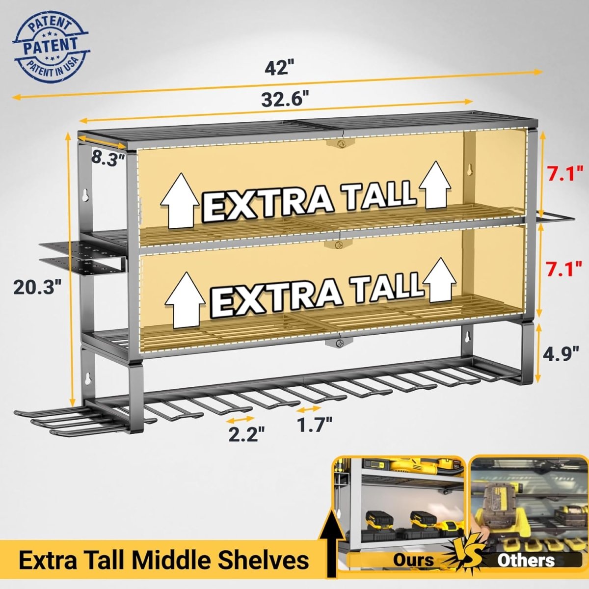 Heavy Duty Wall Tool Rack 4 Tier Storage with 10 Drill Slots - Kwikley