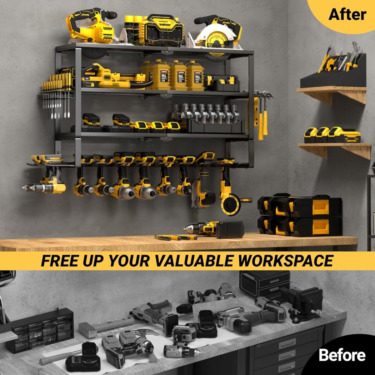 Heavy Duty Wall Tool Rack 4 Tier Storage with 10 Drill Slots - Kwikley
