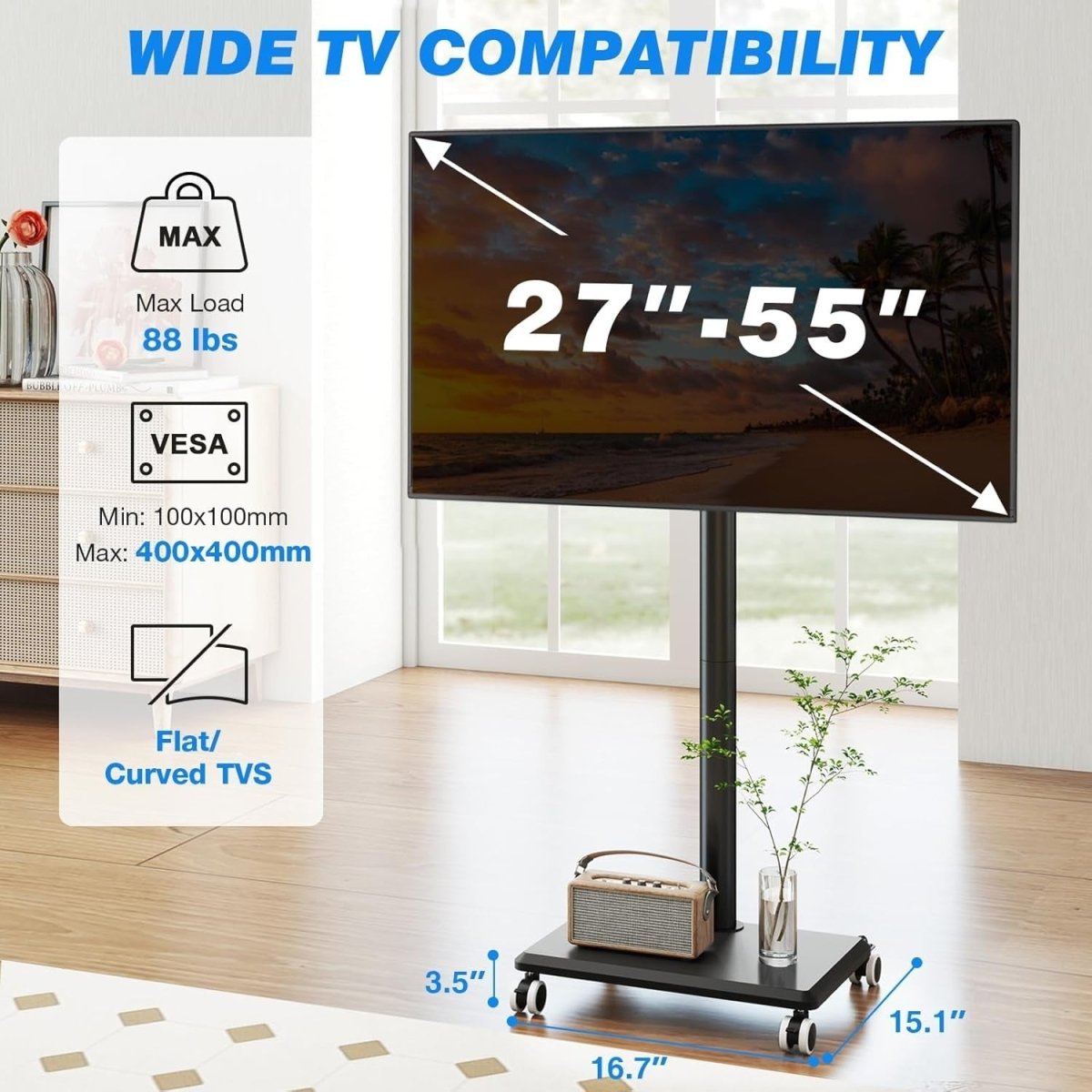 Height Adjustable Mobile TV Stand Trolley 27-55" Wheels Swivel Base - Kwikley