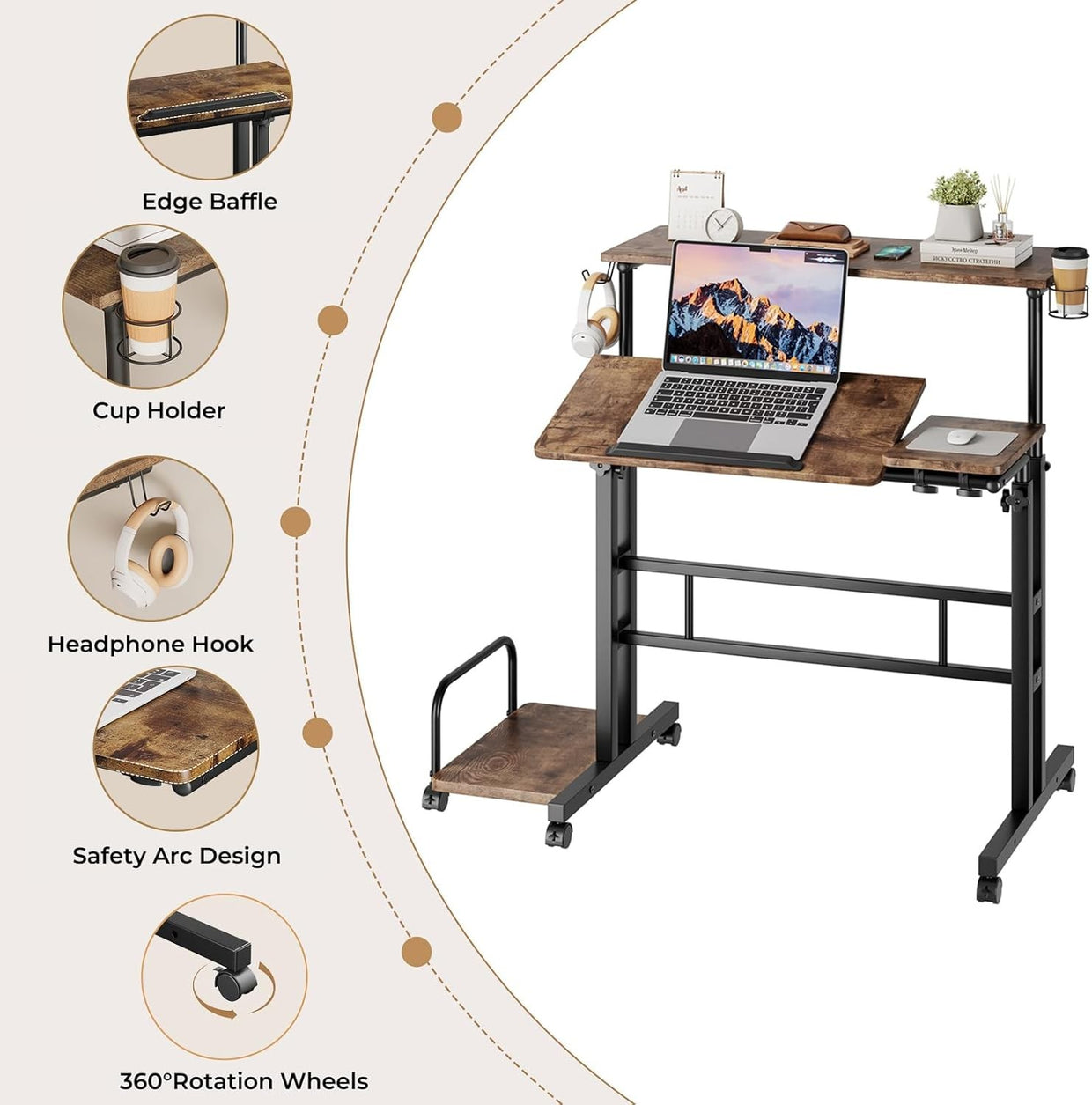 Height Adjustable Standing Desk Rolling Sit Stand Laptop Table Wheels - Kwikley