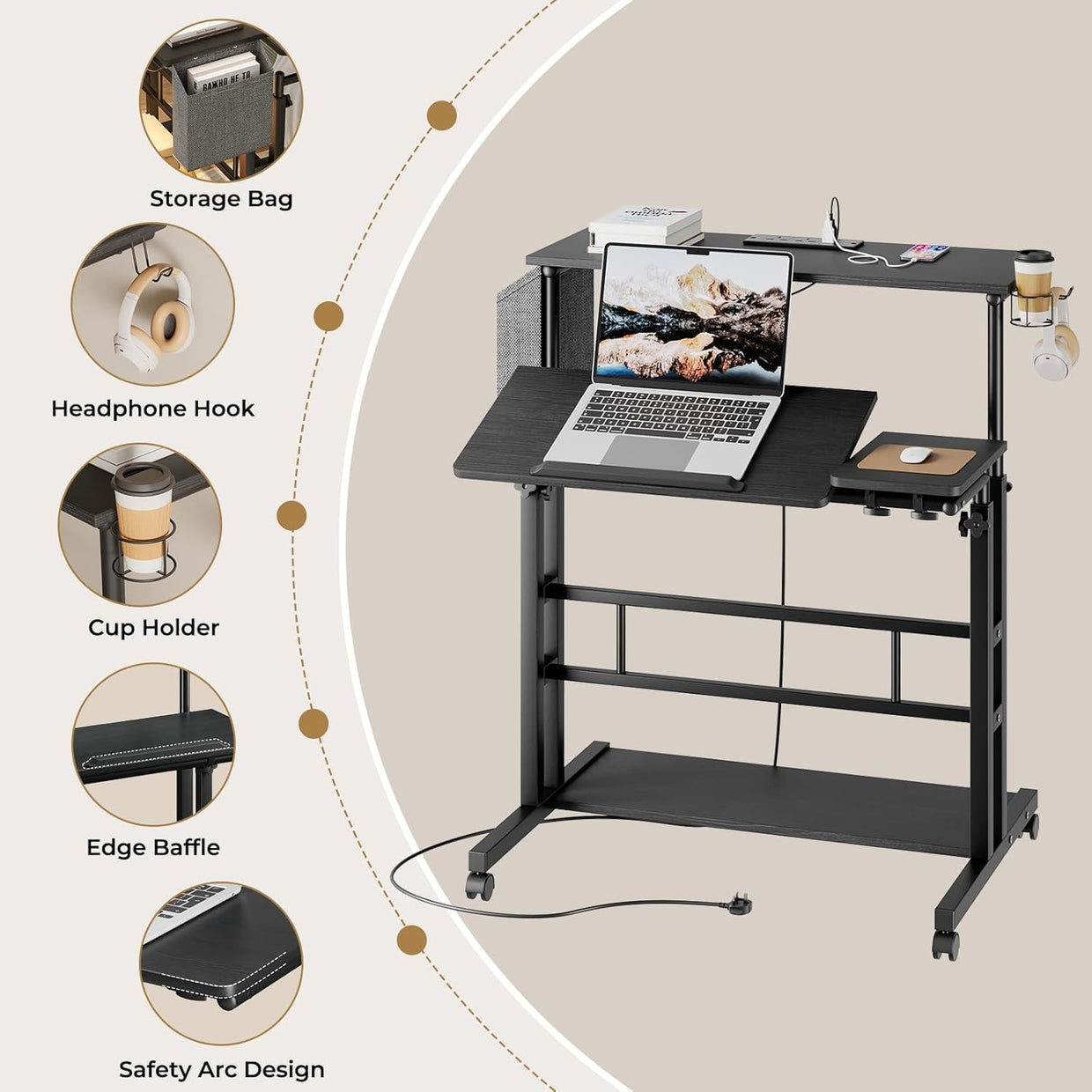 Height Adjustable Standing Desk with Power Outlets Rolling Sit Stand Table - Kwikley