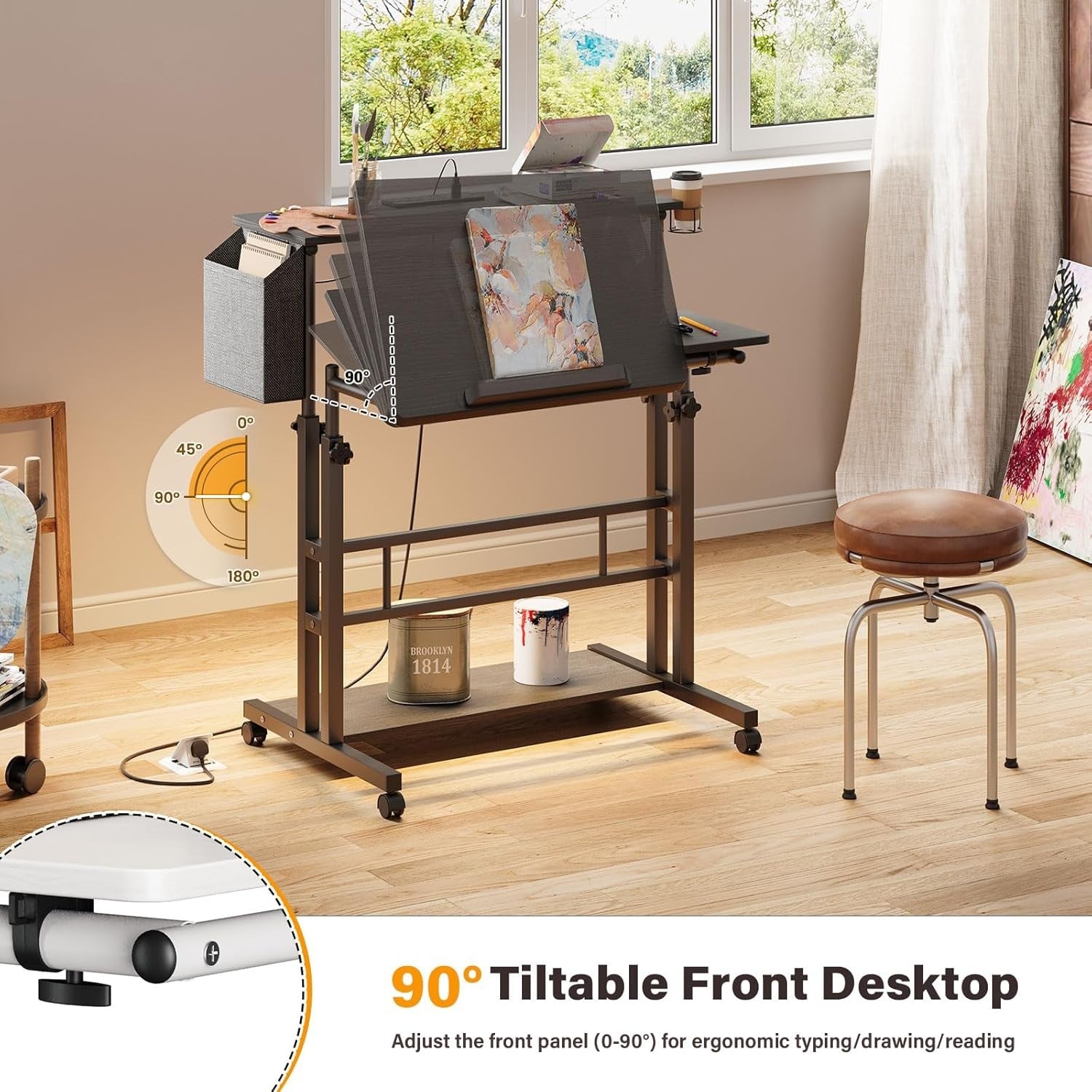 Height Adjustable Standing Desk with Power Outlets Rolling Sit Stand Table - Kwikley