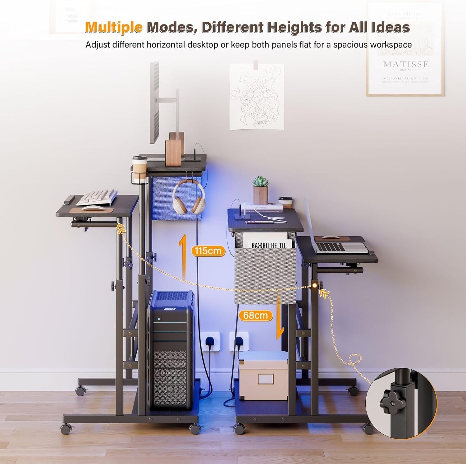Height Adjustable Standing Desk with Power Outlets Rolling Sit Stand Table - Kwikley