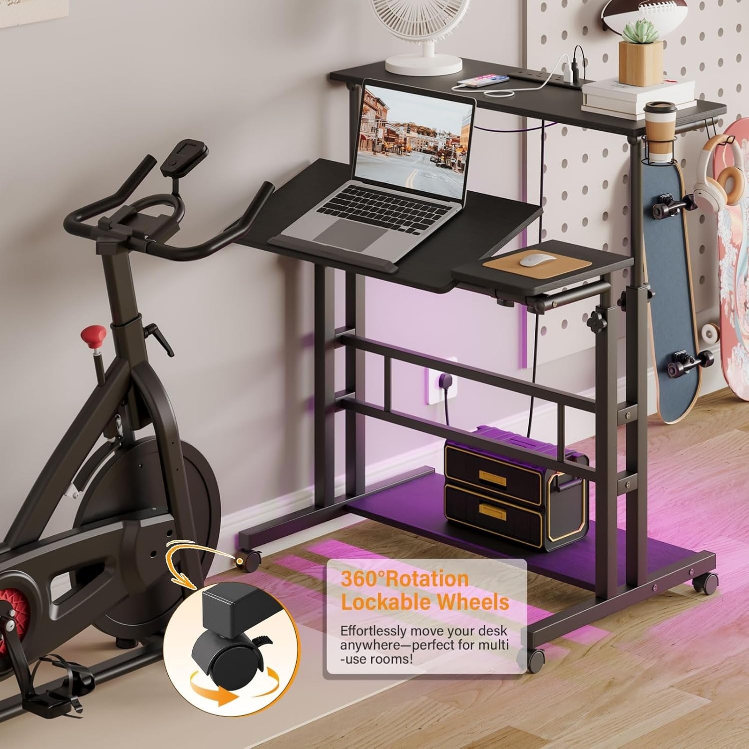 Height Adjustable Standing Desk with Power Outlets Rolling Sit Stand Table - Kwikley