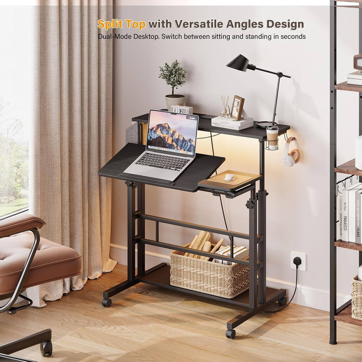 Height Adjustable Standing Desk with Power Outlets Rolling Sit Stand Table - Kwikley
