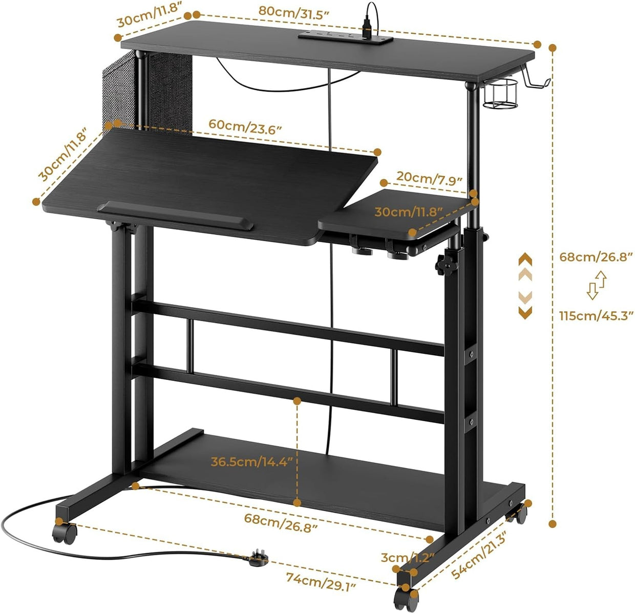 Height Adjustable Standing Desk with Power Outlets Rolling Sit Stand Table - Kwikley
