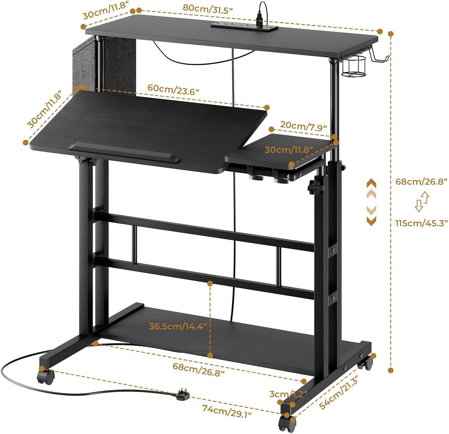 Height Adjustable Standing Desk with Power Outlets Rolling Sit Stand Table - Kwikley