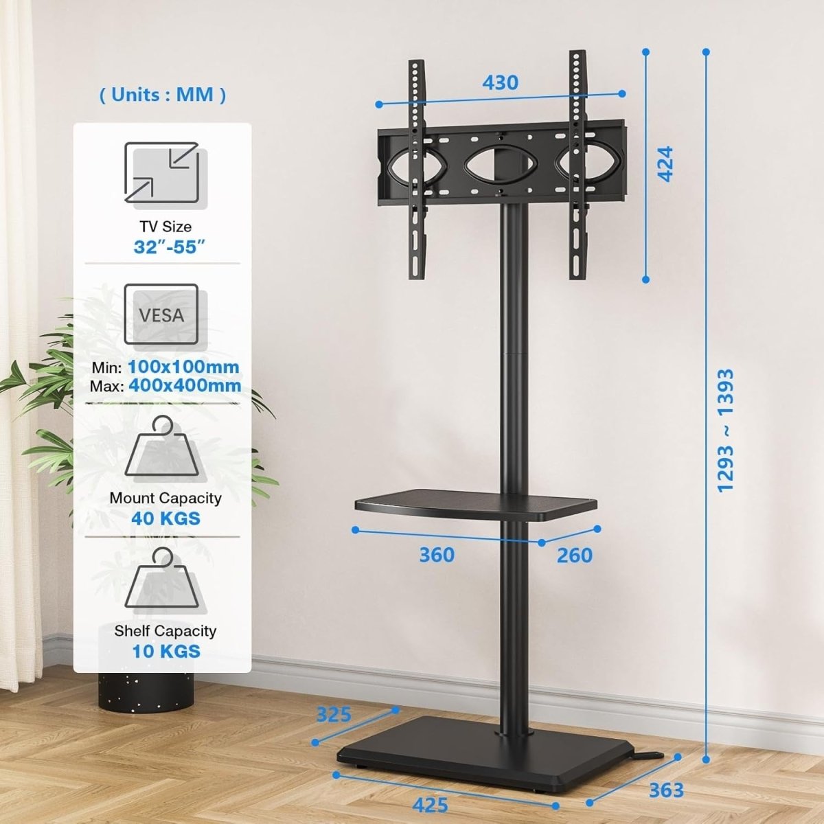 Height Adjustable Swivel TV Floor Stand 32 - 55” VESA 400x400 Max Load 40kg - Kwikley