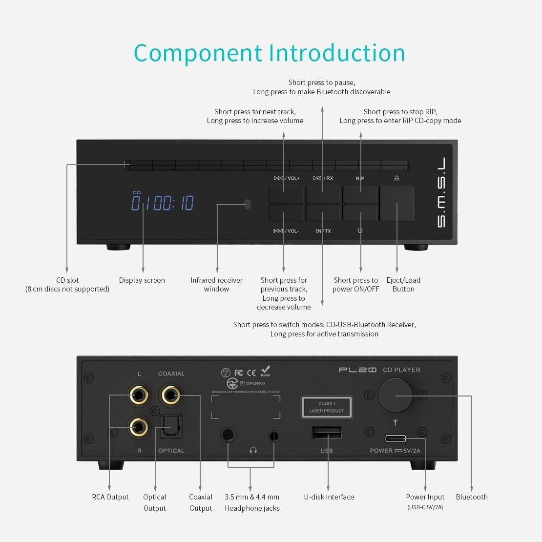 HiFi CD Player Bluetooth DAC USB Ripper Balanced Output Optical Coax - Kwikley