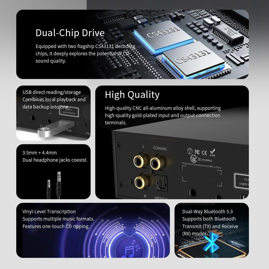 HiFi CD Player Bluetooth DAC USB Ripper Balanced Output Optical Silver - Kwikley