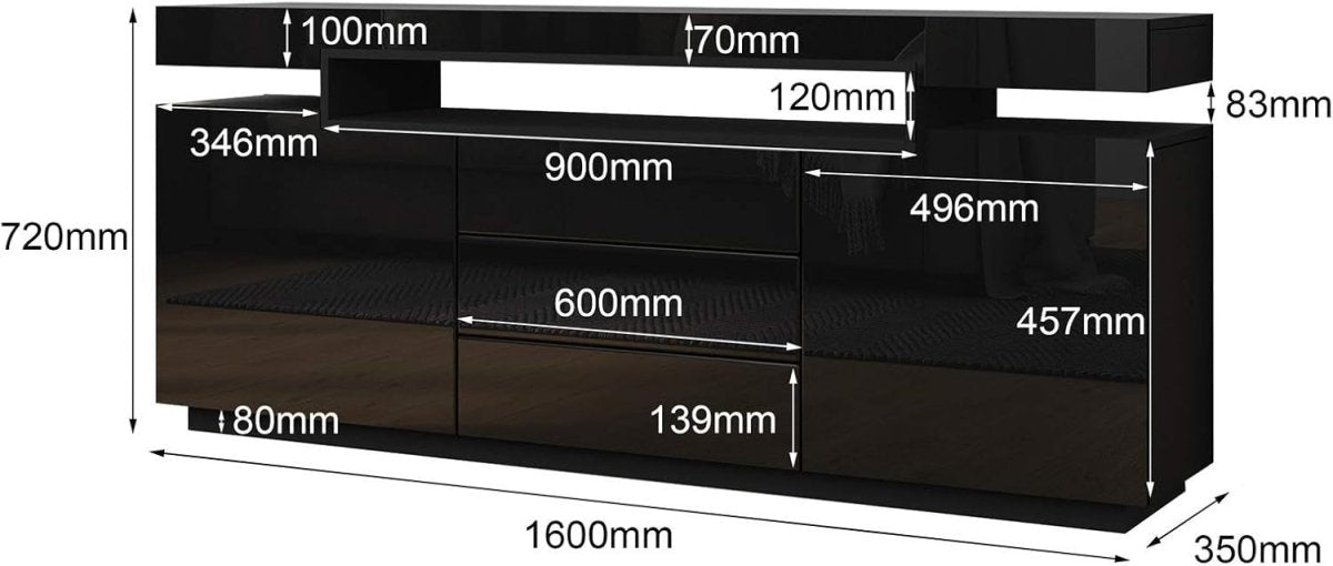 High Gloss Black Sideboard Cabinet TV Stand LED Light 2 Doors 3 Drawers - Kwikley