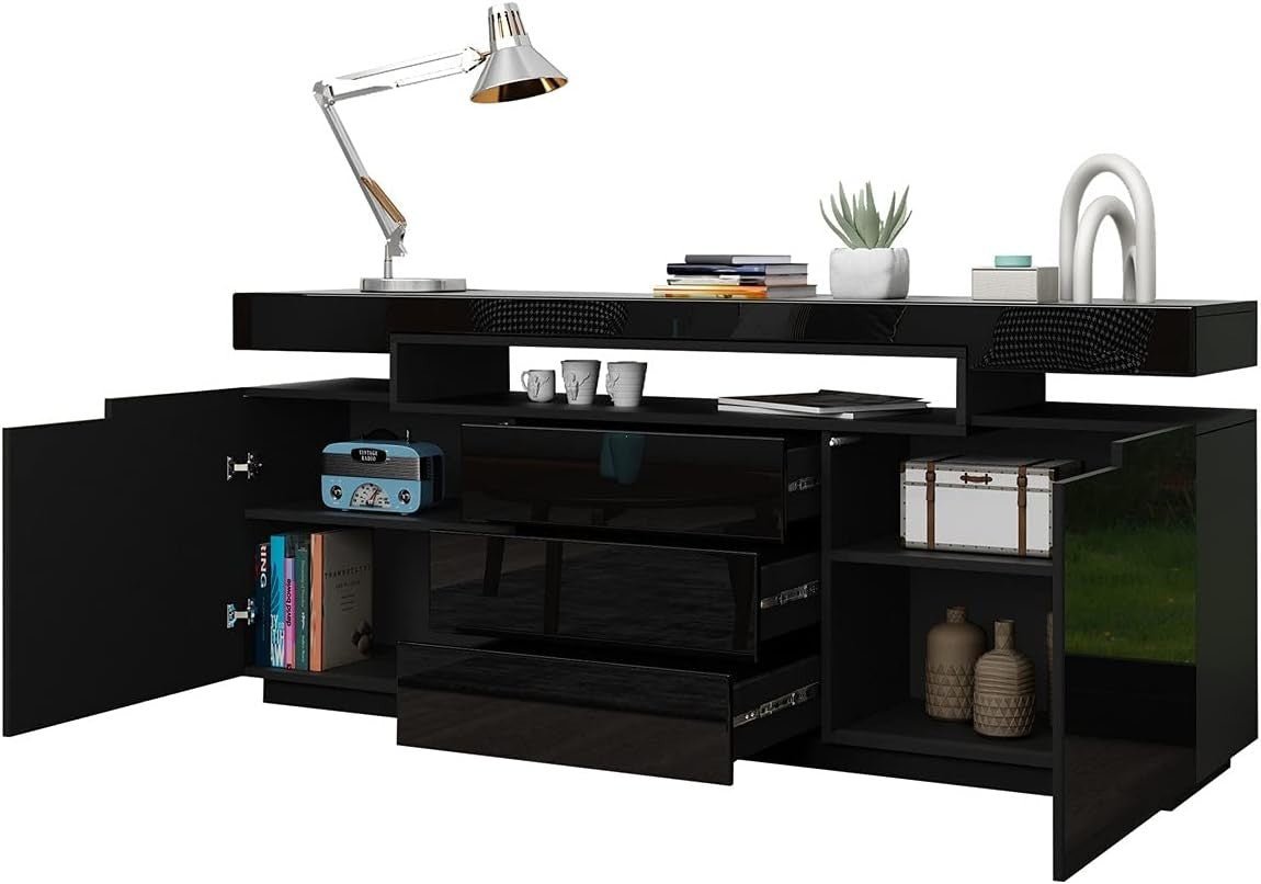 High Gloss Black Sideboard Cabinet TV Stand LED Light 2 Doors 3 Drawers - Kwikley