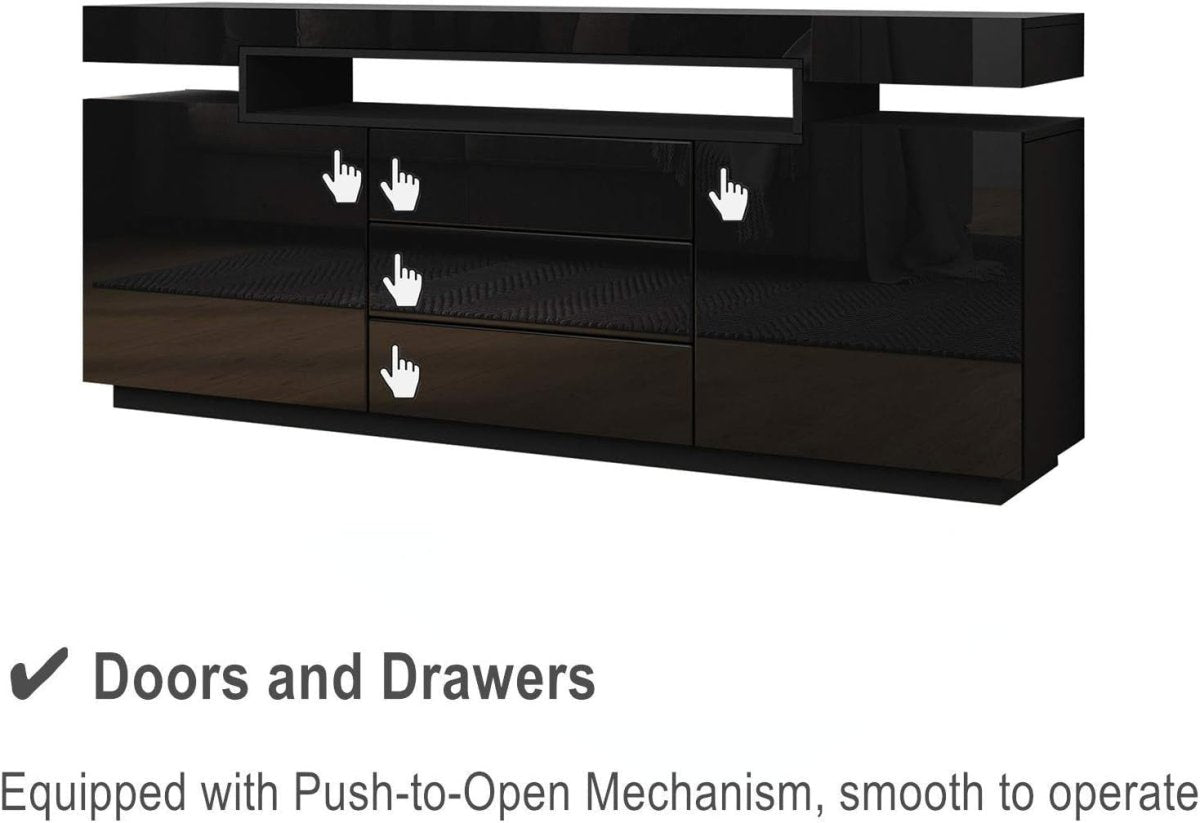 High Gloss Black Sideboard Cabinet TV Stand LED Light 2 Doors 3 Drawers - Kwikley